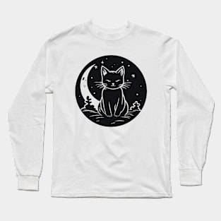 Cat Under Moon Sky Furry Cute Vector Graphic Long Sleeve T-Shirt